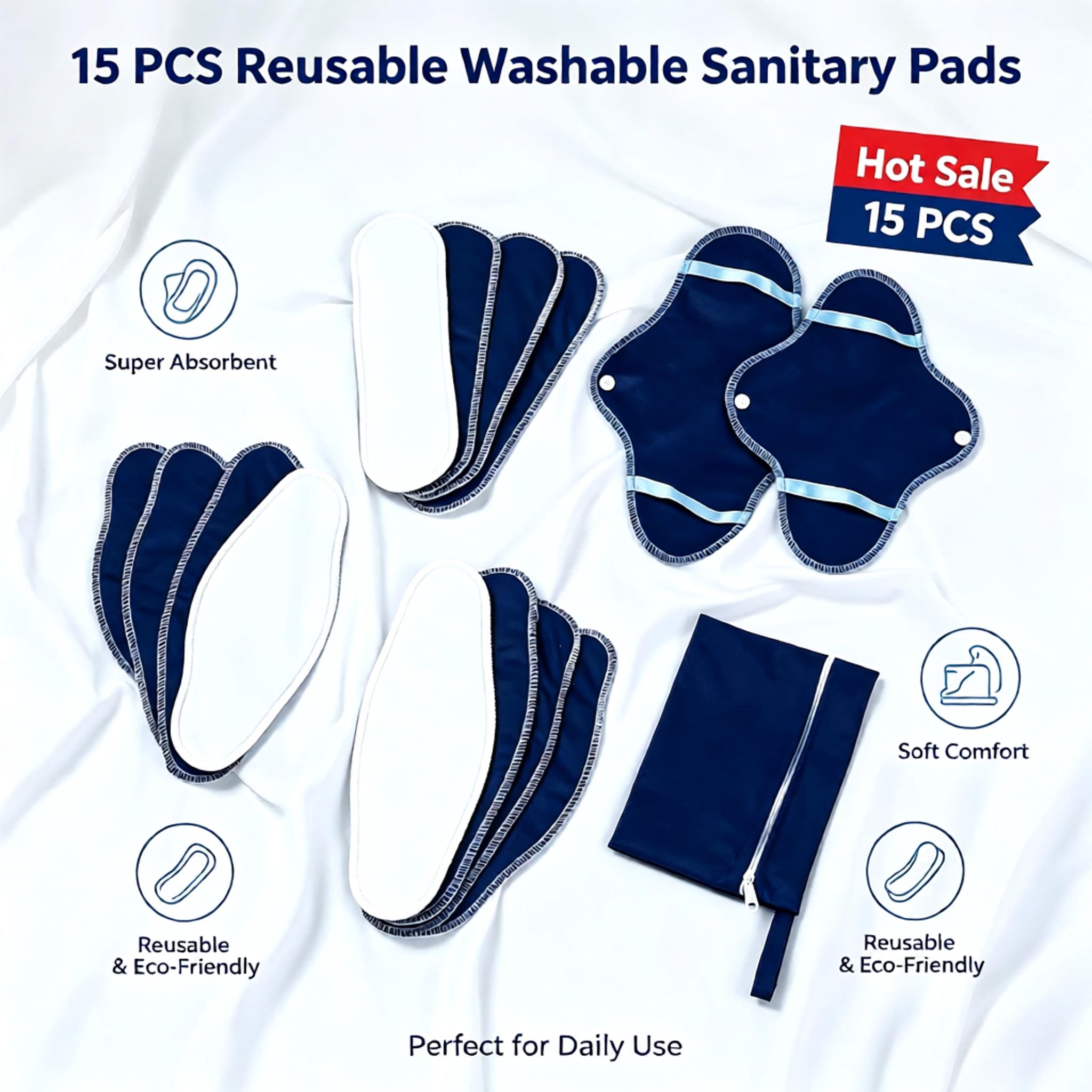 Cloth Pad Reusable - 15 Stück wiederverwendbare, waschbare Stoffbinden, auslaufsicher,