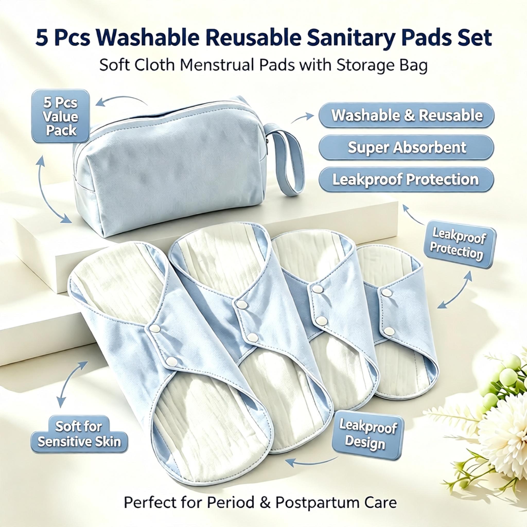 Cloth Pad Reusable - Wiederverwendbare, waschbare Baumwoll-Menstruationsbinden, 5er-Set, saugfähige und